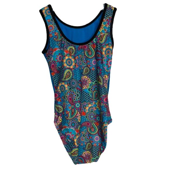 Pelle Girls Floral Leotard with Black Trim Size L Balletcore Gymnastics Workout - Picture 1 of 5